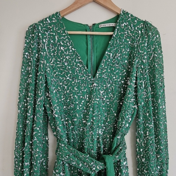 Alice + Olivia Green Sequin Beaded Long Sleeve Mini Dress - Picture 2 of 14
